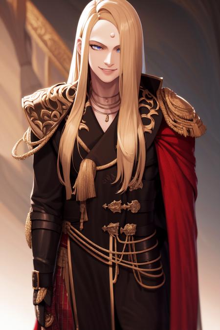 15497-2970842783-masterpiece, best quality, highres, 1boy zenos, red cape shoulder armor black coat  standing, looking at viewer, smile.png